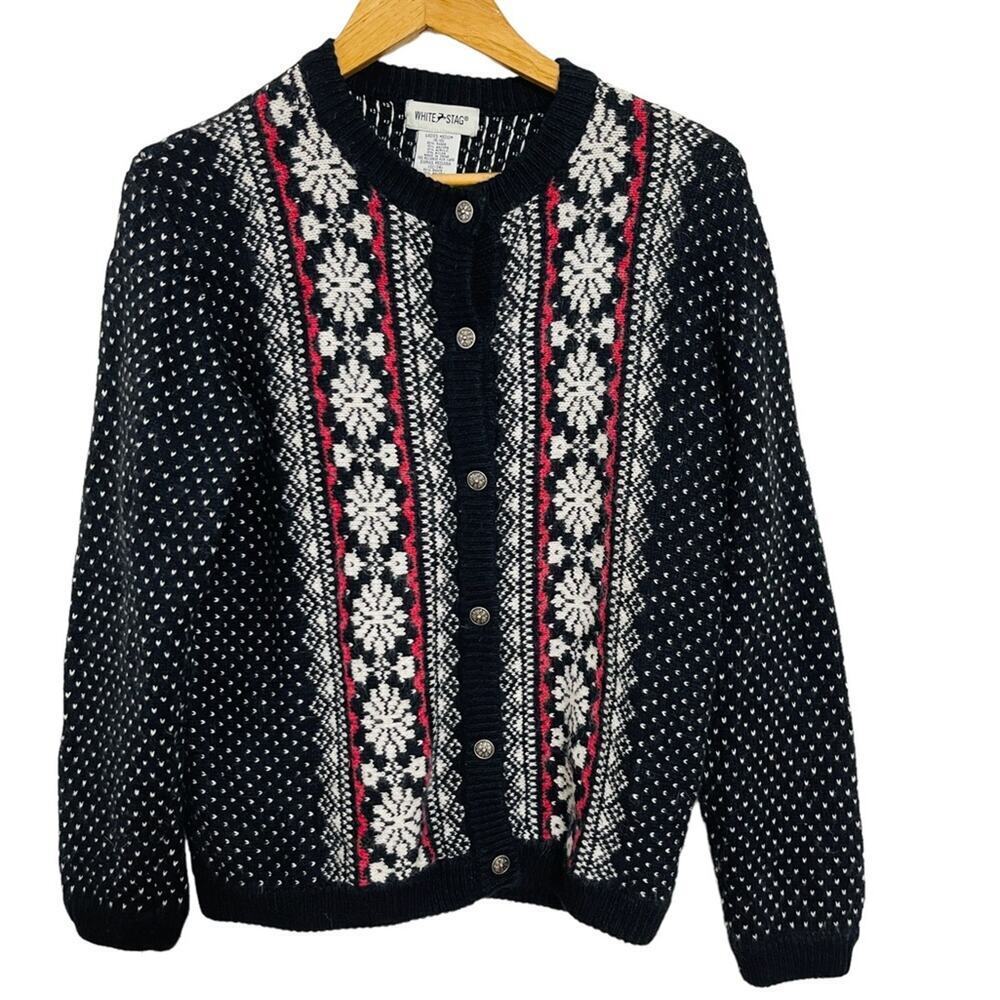 Vintage White Stag Fair Isle Birds Eye Sweater Cardigan Black Size M